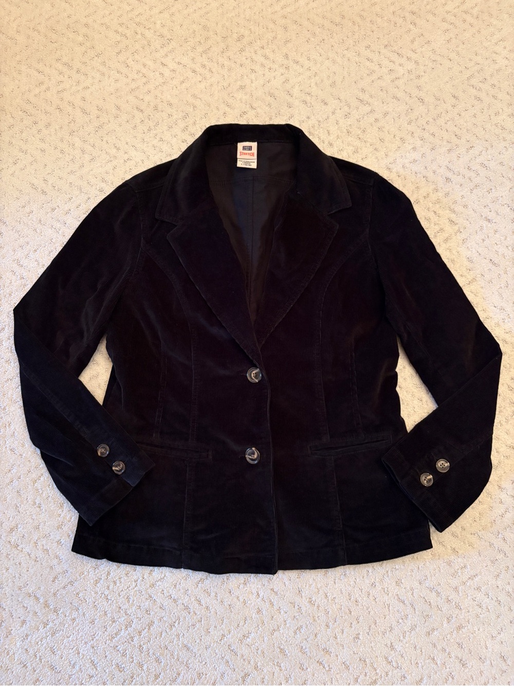 Vintage Faded Glory Black Corduroy Blazer Jacket Size L 12 14 Stretch Fabric